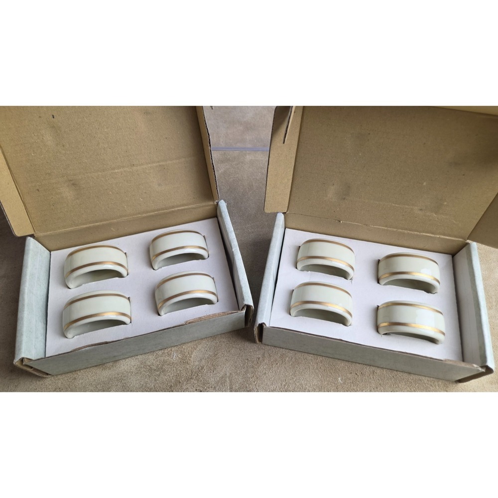 GORHAM Porcelain Napkin Rings with Gold Detail & Logo Set of 8, Vintage, w/ Box
